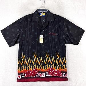 VTG Bowling Shirt Mens M Black Red Las Vegas Dice Flames Poker Rockabilly Y2K
